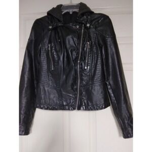 Free People black faux leather Zippered moto Jacket fitted detachable hood